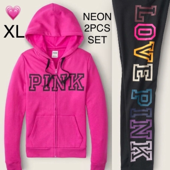 NEW VICTORIAS SECRET PINK FULL ZIP HOODIE & LEGGINGS SET. NEON FUSHIA PINK - Picture 12 of 13